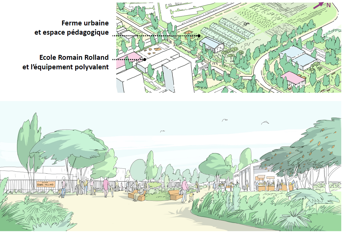 Les Vergnes - Axonométrie sur la ferme urbaine et mail des écoliers (Atelier Altern 2022)