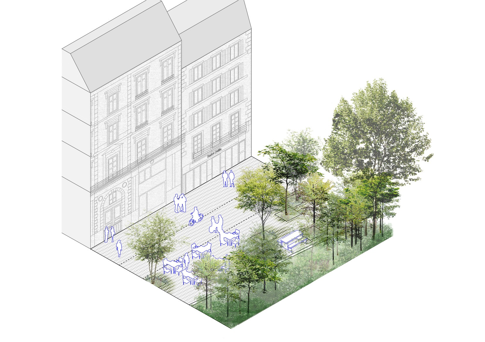 Axonométrie et projection de la future place Delille (2024, MDP, Planète Publique)