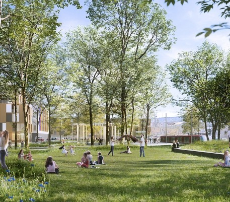 Parc aménagé avec des personnes profitant de la nature