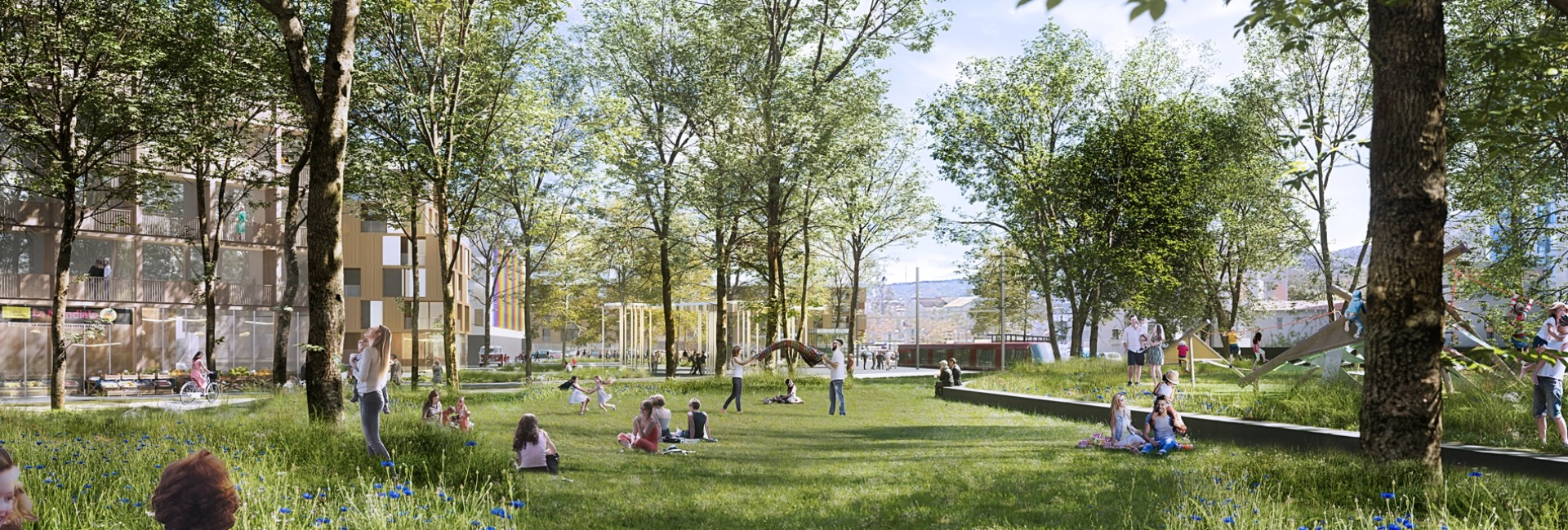 Parc aménagé avec des personnes profitant de la nature