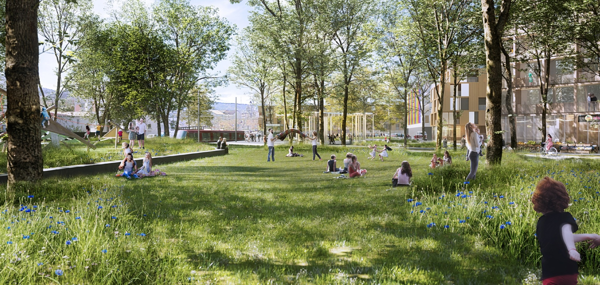Parc aménagé avec des personnes profitant de la nature