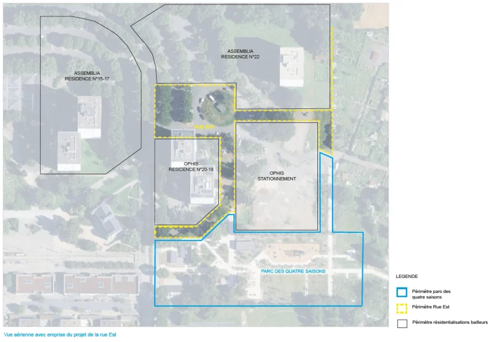 Vue aerienne avec emprise du projet de la rue Est